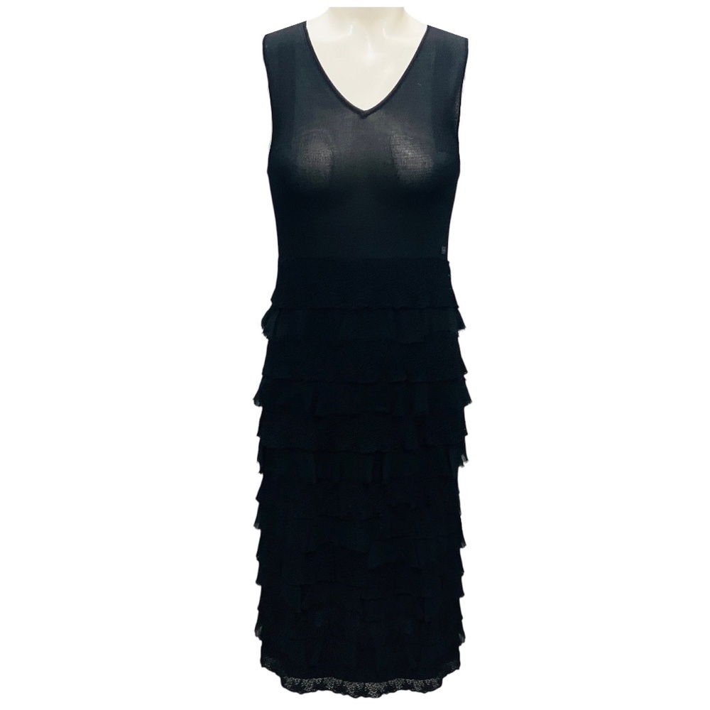 CHANEL BLACK 2005 SLEEVELESS MULTI TIERED VISCOSE KNIT MIDI DRESS